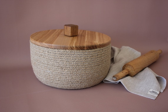 A farmhouse bread box with wooden lid * bread box countertop * a round bread basket with lid * rustic bread box * bread box with wooden lid