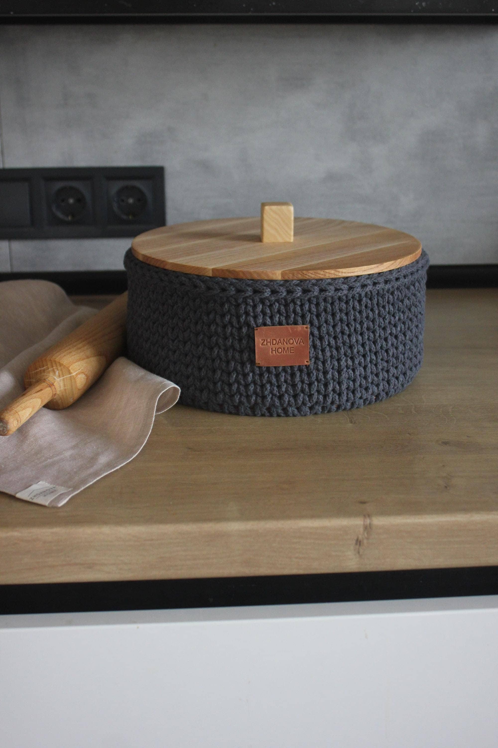Bread storage box with a wooden lid * modern bread bin with a wooden lid * countertop bread box