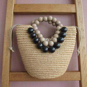 Medium straw basket bag * French straw basket bag * handmade raffia bag with wooden beads * top handle straw basket bag