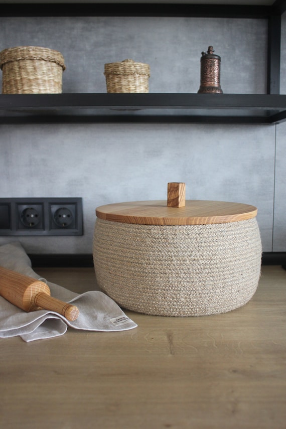 A round bread box with wooden lid * bread box countertop * farmhouse bread basket with lid * rustic bread box * bread box with lid