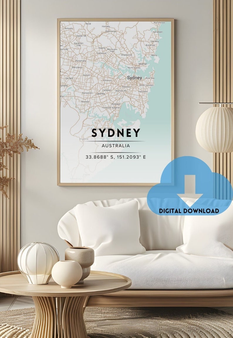Sydney Nude Theme Elegant City Map In Soft Tones Printable Wall Art