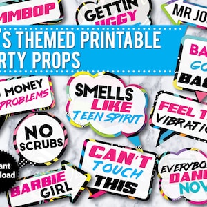90's Printable Party Photo Booth Props Signs, INSTANT DOWNLOAD, 90s Party, 30th birthday, 40th birthday, 50th birthday