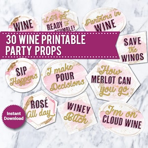 30 Wine Printable Photo Booth Props: Party Signs (Digital Download)