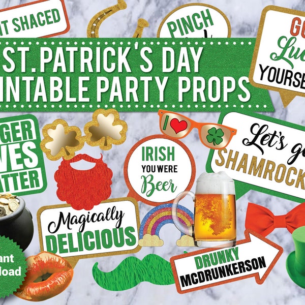 56  Adult St. Patricks Day Photo Booth PRINTABLE Props, Irish Photo Booth Props, Leprechaun, Drinking Props, 21st Birthday, Green Beer Prop