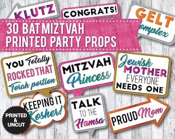 30 Funny Bat Mitzvah Props, PRINTED & UNCUT, Jewish Props, Hebrew, 13th Girl Birthday