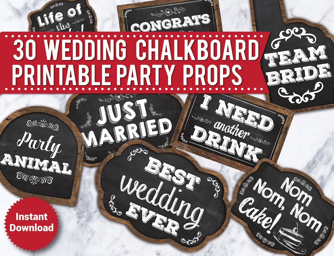 30 PRINTABLE Wedding Photo Booth Props, INSTANT DOWNLOAD, Chalkboard ...