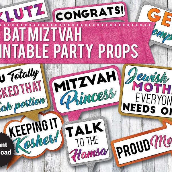 30 Funny Bat Mitzvah PRINTABLE Party Photo Booth Props, Jewish Props,  Hebrew, 13th Girl Birthday - INSTANT DOWNLOAD