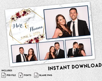 Gold & White Wedding Photo Booth Template: Burgundy Floral (PSD)