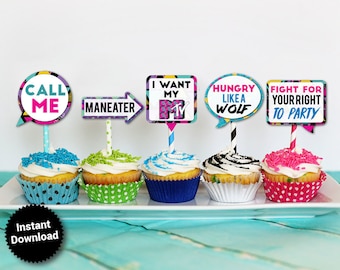 80s Party Cupcake Toppers: Printable Decorations (Digital Download)