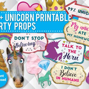 Op de afbeelding: Een set van meer dan 40 printbare unicorn party props, met een verscheidenheid aan kleurrijke borden met leuke spreuken zoals "99% Unicorn", "Stop niet met geloven", "Mijn unicorn at mijn huiswerk", "Praat met de hoorn" en "Ik geloof niet in mensen".