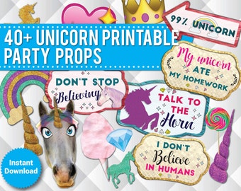40+ Unicorn Party Photo Booth PRINTABLE Props, Unicorn Props, Unicorn Horn, Unicorn Head, Rainbow, kids party, speech bubbles