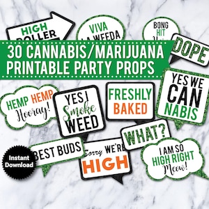 30 utskrivbara rekvisita för fotobås med cannabis och marijuana för vuxna, 21-årsdag, fotobåsskyltar, 420 rekvisita, ZOOM-rekvisita