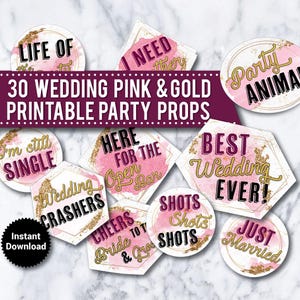 30 Wedding Photo Booth Props, PRINTABLE, Boho Wedding, INSTANT DOWNLOAD, Pink and Gold, Funny photo booth signs