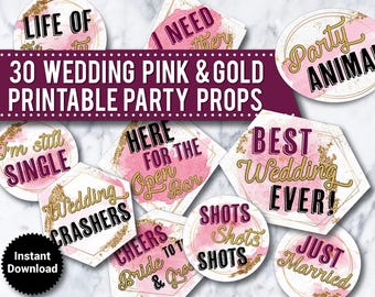 Boho Wedding Photo Booth Props: Pink & Gold Signs (Printable Digital Download)