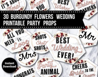 Burgundy Floral Wedding Photo Booth Props: 30 Printable Signs (Instant Download)
