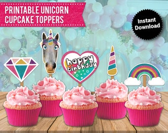 Unicorn Glittery Cupcake Toppers: Rainbow Party Decoration (PRINTABLE)