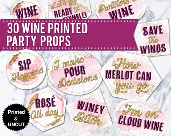 Wine Photo Booth Props: 30 Printed Party Signs (Uncut)