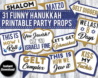 Funny Hanukkah Photo Booth Props: 31 Printable Party Signs (Instant Download)