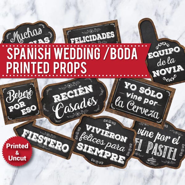 30 Spanish Wedding Photo Booth Props: Printed Chalkboard Signs