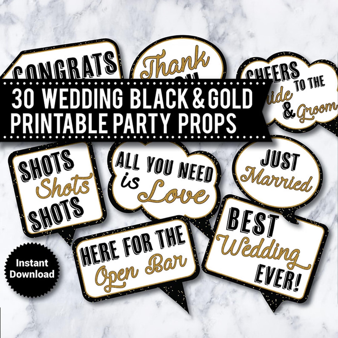 30 PRINTABLE Wedding Photo Booth Props, INSTANT DOWNLOAD, Black and Gold, Funny Photo Booth ...