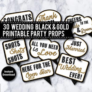 Black and Gold Wedding Photo Booth Props: 30 Printable Signs (Instant Download)
