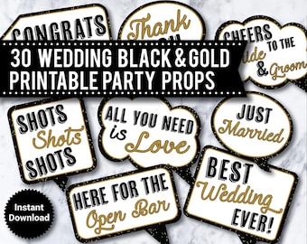 Black and Gold Wedding Photo Booth Props: 30 Printable Signs (Instant Download)