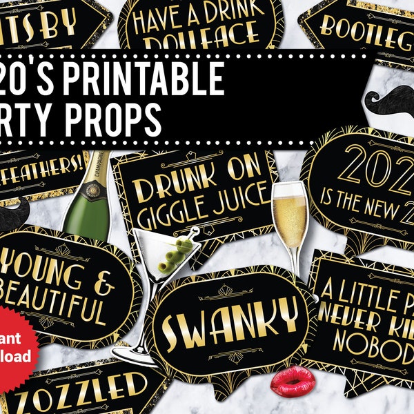 1920s Photo Booth Props PRINTABLE, INSTANT DOWNLOAD, Gatsby  props, Art Deco Party, Roaring 20s Decorations, 1920 props