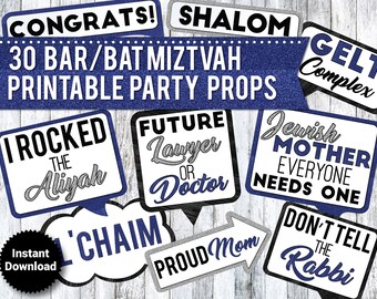 30 Funny Bar Mitzvah, Bat Mitzvah PRINTABLE Party Photo Booth Props, Jewish Props,  Hebrew, 13th Birthday - INSTANT DOWNLOAD