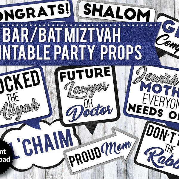 30 Funny Bar Mitzvah, Bat Mitzvah PRINTABLE Party Photo Booth Props, Jewish Props,  Hebrew, 13th Birthday - INSTANT DOWNLOAD