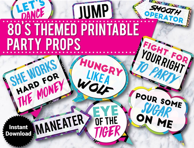 80's Printable Party Photo Booth Props Signs INSTANT Etsy