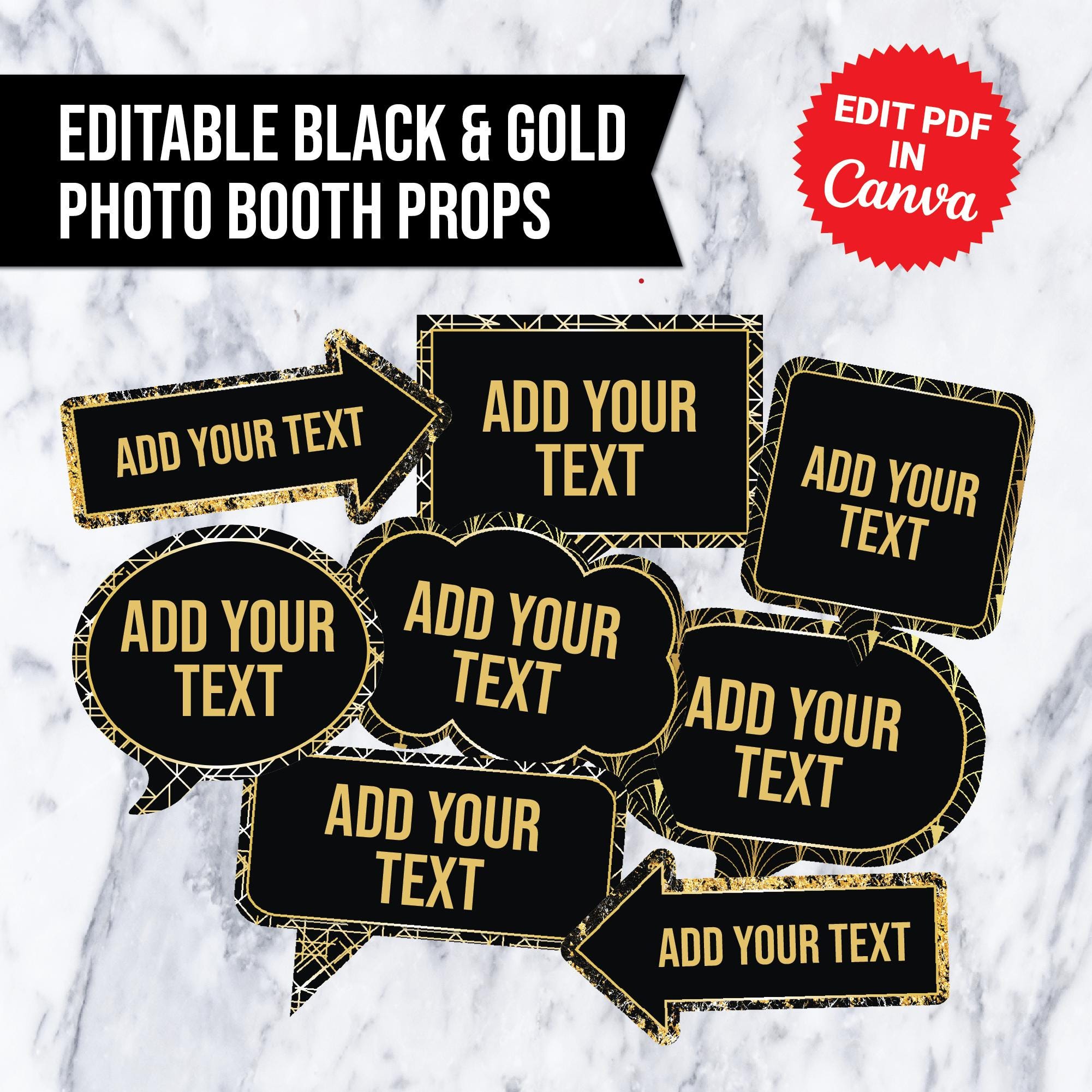 Editable Black and Gold Photo Booths Props, Gatsby Party, 1920's, INSTANT DOWNLOAD, Edit using Canva or Adobe Online