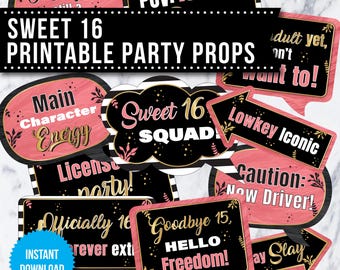 Sweet 16 Photo Booth Props: Printable Birthday Party Decorations (Instant Download)