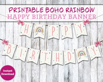 Boho Rainbow Happy Birthday Printable Banner (Instant Download)