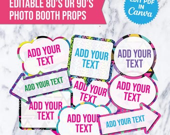 Editable 80s 90s Photo Booth Props: Retro Party DIY (Digital Download, Canva/Adobe Online Edit)
