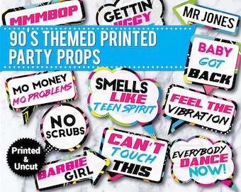 90s Party Photo Booth Props: Printed & Uncut Signs