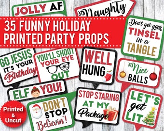 35 Funny Holiday Photo Booth Props: Printed Party Signs (Uncut)