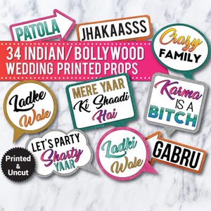 Printed Bollywood Wedding Photo Booth Props: 34 Uncut Indian Party Signs