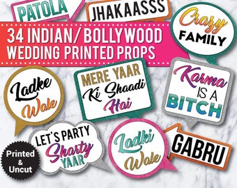 Printed Bollywood Wedding Photo Booth Props: 34 Uncut Indian Party Signs