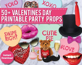 50+ Valentines Day Props, Valentine Photo Booth Prop, PRINTABLE, Valentines Day Decor, Lips, Hearts, Candy, Mustache,  speech bubbles