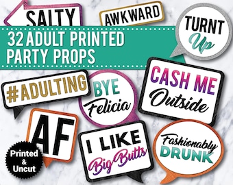 Funny Adult Photo Booth Props: Party Signs, Drinking Theme (PRINTED & UNCUT)