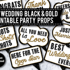 30 PRINTABLE Wedding Photo Booth Props, INSTANT DOWNLOAD, Black and Gold, Funny photo booth signs, speech bubbles