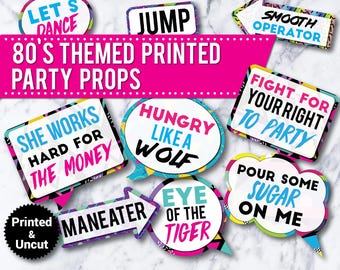 80s Party Photo Booth Props: Printed & Uncut Signs