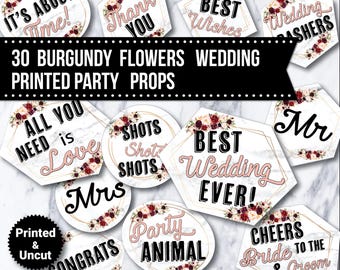 Burgundy Flower Wedding Photo Booth Props: Printed & Uncut