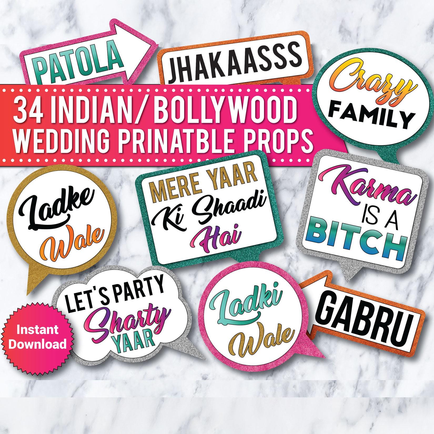 Bollywood Wedding Photo Booth Props: 34 Printable Indian Party Signs (Digital Download)