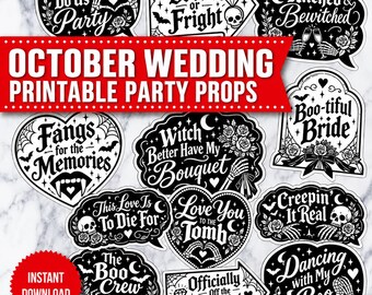 Halloween Wedding Photo Booth Props Printable, October Wedding Signs, Gothic Bridal Party Props, Til Death Do Us Party,  (Digital Download)
