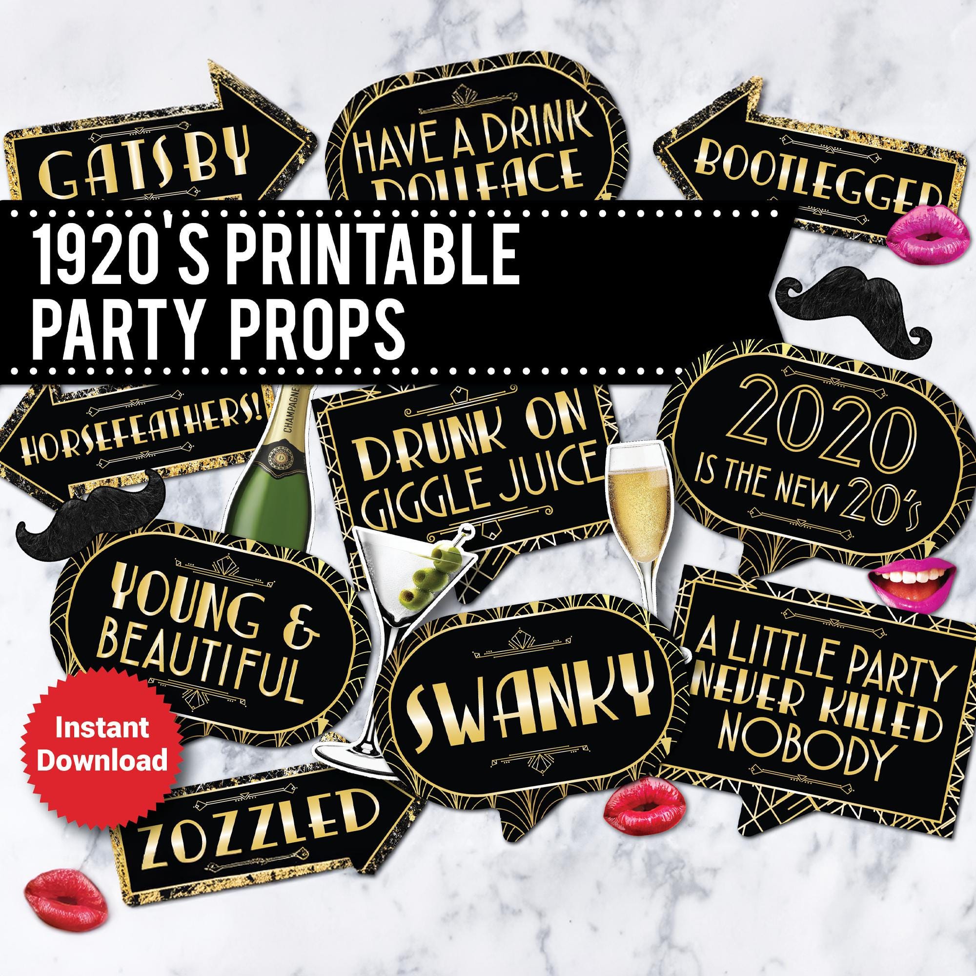 1920s Photo Booth Props: Roaring 20s, Gatsby Party (Printable, Instant Download)