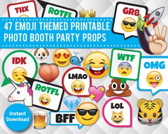 Emoji Photo Booth Props: 47 Printable Party Signs (Digital Download)