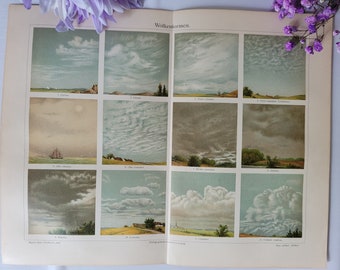 1898 Nuages, Impression antique, Météo, Nature, Ciel, Formation nuageuse, Bleu, Raster