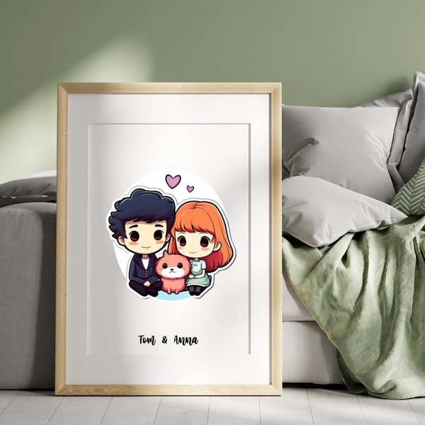 Digital Custom Couple Portrait, Cute Cartoon Anime Caricature, Family, Personalized/Anniversary/Wedding Gift, Valentine's Day Gift