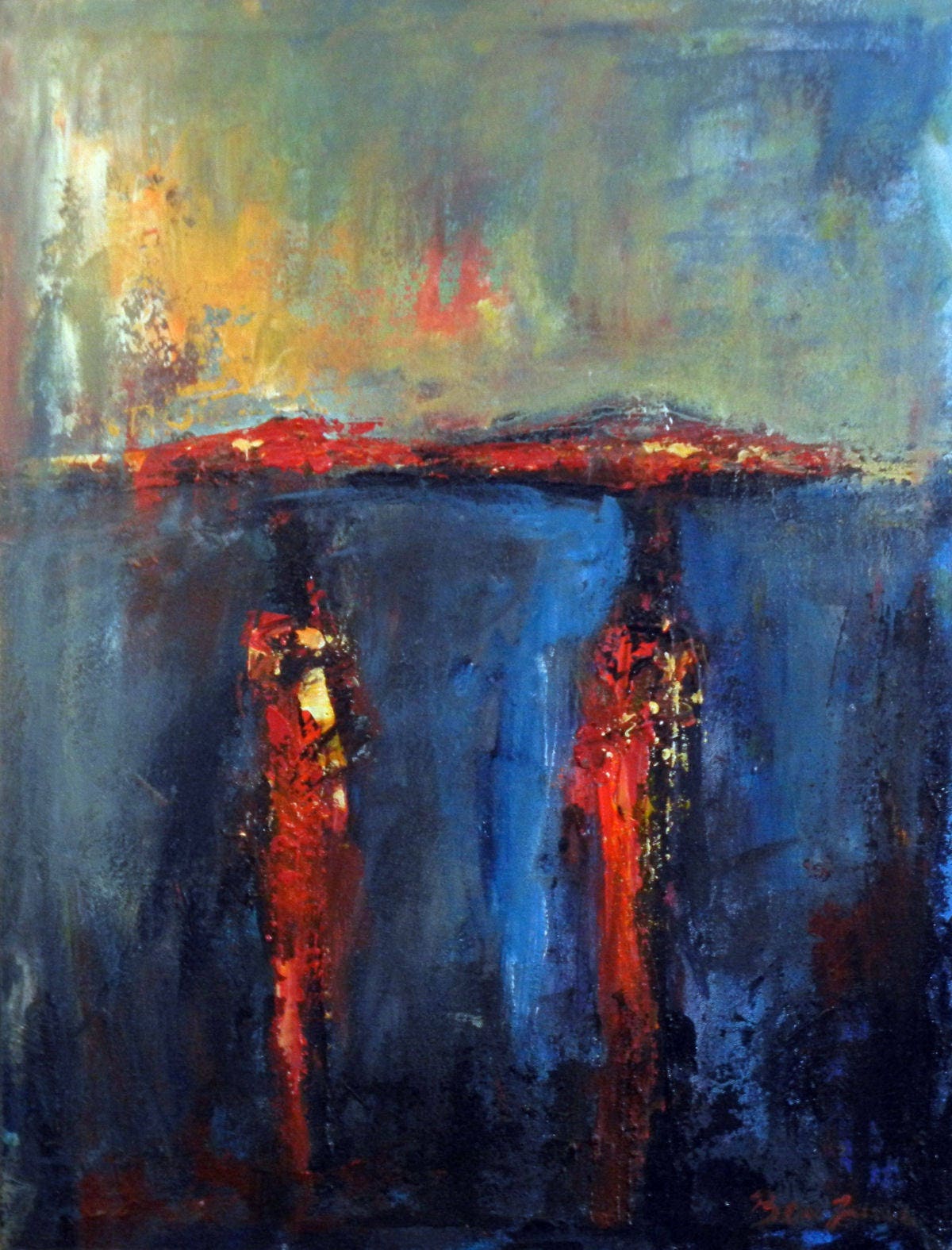 Abstract Art Original Oil Painting On Canvas Colorful Rain Umbrella